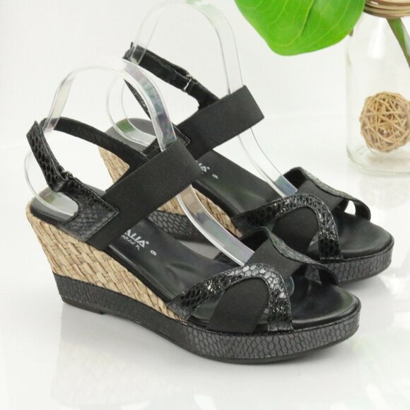 Aquatalia Womens Neve Sandal Size 9 Black Leather Snakeskin Wedge Heel Platform - Picture 2 of 11